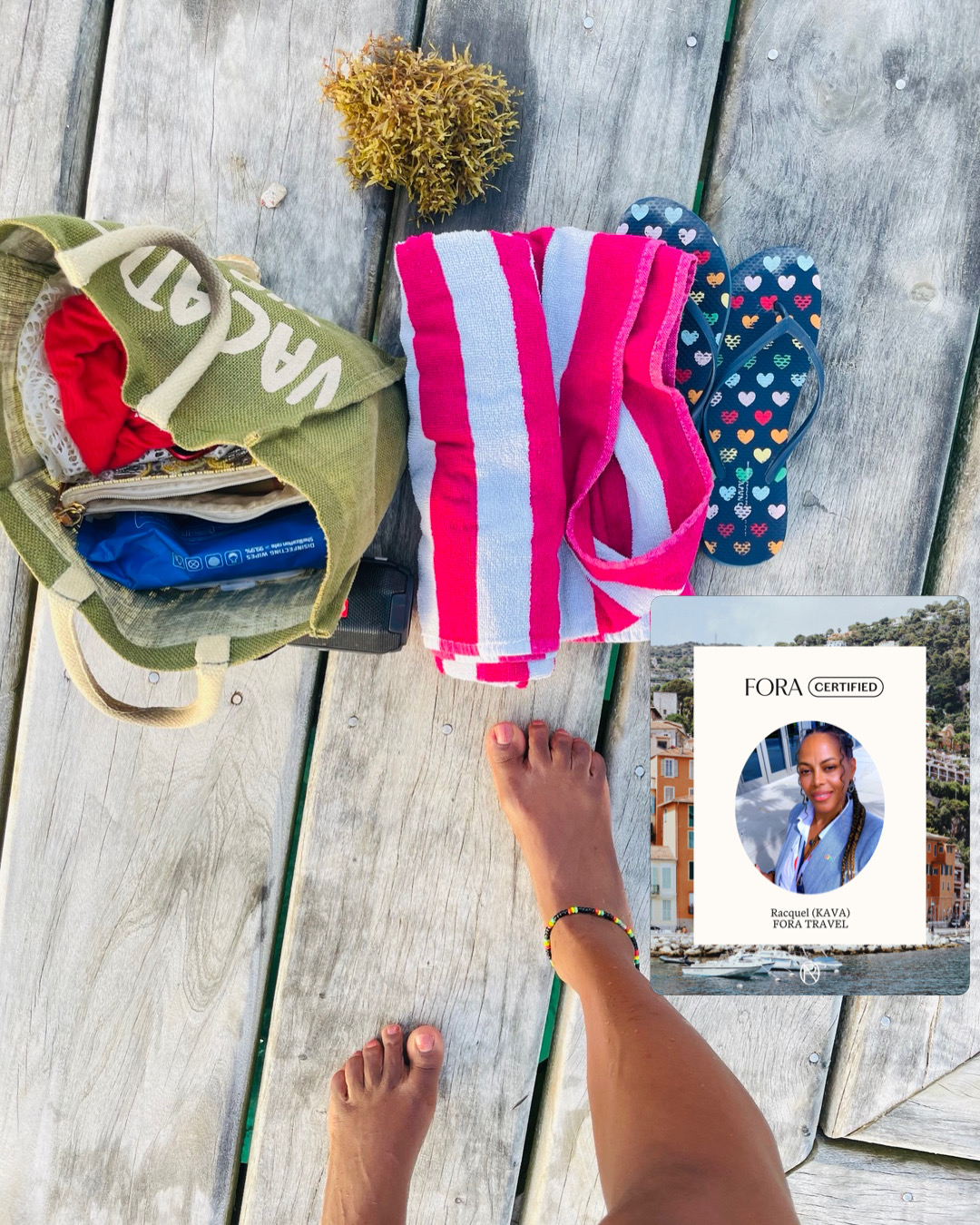 Beach-day essentials on a wooden dock with a Fora Certified card